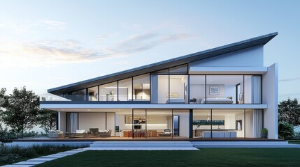 Fototapeta premium Modern House with a Sloped Roof and Large Windows