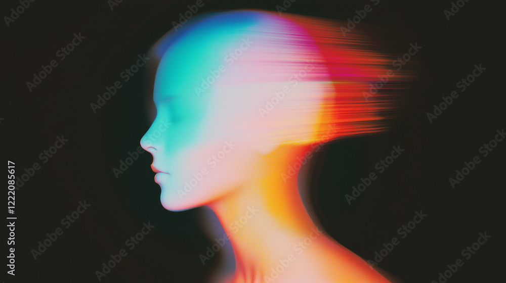 Poster abstract surreal human figure blending with soft, diffused colors on a black background. ethereal de