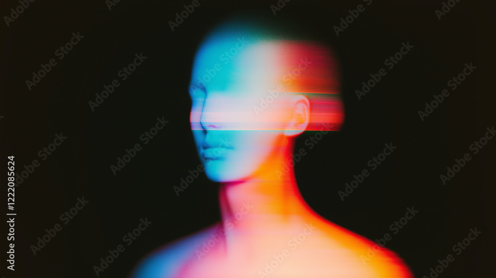Poster abstract surreal human figure blending with soft, diffused colors on a black background. ethereal de