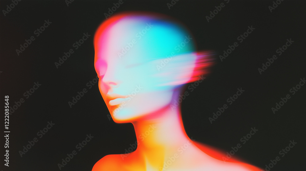Poster abstract surreal human figure blending with soft, diffused colors on a black background. ethereal de