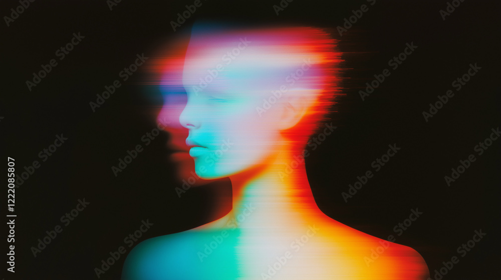 Poster abstract surreal human figure blending with soft, diffused colors on a black background. ethereal de
