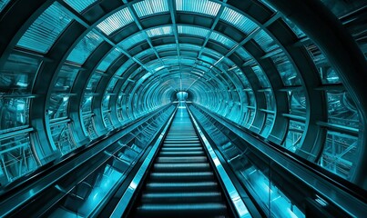 Obraz premium Futuristic escalator in blue tunnel