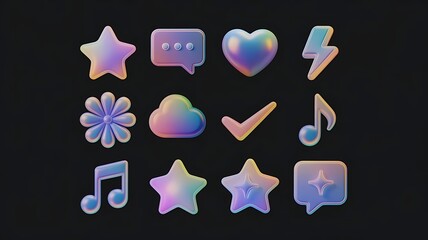 Holographic gradient emoji icons set with glossy 3d effects, vibrant neon colors, and various symbols like hearts, stars, and speech bubbles on dark background, ideal for social media, branding