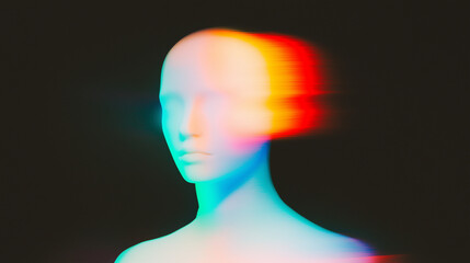 Obraz premium Abstract surreal human figure blending with soft, diffused colors on a black background. Ethereal depiction of a faceless figure rendered in teal, blue, pink, and orange tones. Dreamy and otherworldly