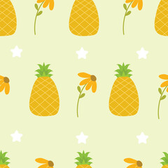 Hand drawn cute pineapple with sunflower seamless pattern. Suitable for use for wallpaper, backdrop, wrapping paper, fabrics, textile, packaging, etc