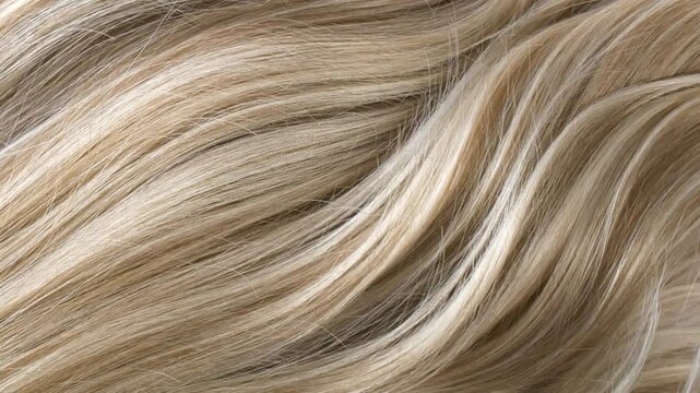 Close-up blond curly hair texture, female long hair background in slow motion
