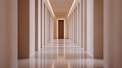 Fototapeta premium Modern living minimalist idea. Elegant corridor with soft lighting and symmetrical columns leading to a door.