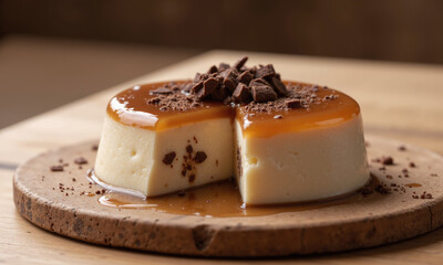 A mocha mousse-flavored panna cotta with a light caramel topping and a sprinkle of chocolate