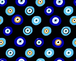 Evil eye seamless pattern. Blue colored textured vector background. Amulet