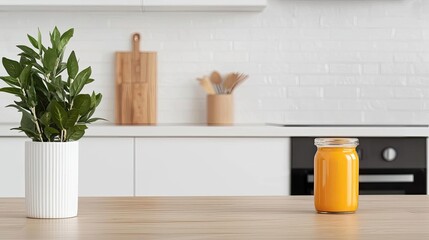 Modern living minimalist idea. A fresh plant and a jar of orange juice on a modern kitchen countertop.