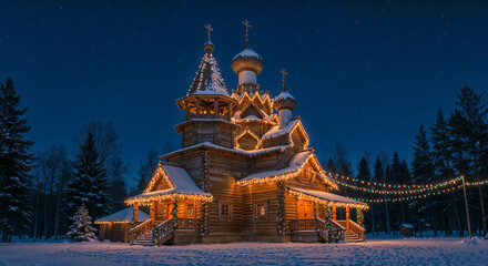 Naklejka premium traditional russian northern wooden church with many domes in winter christmas forest. Generative AI