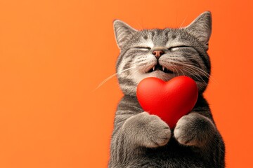 Digital ads concept pattern design idea. American shorthair - my beloved cat. Cute american shorthair kitty cub with companion toy red heart - symbol of love, funny greeting card. Animal love.