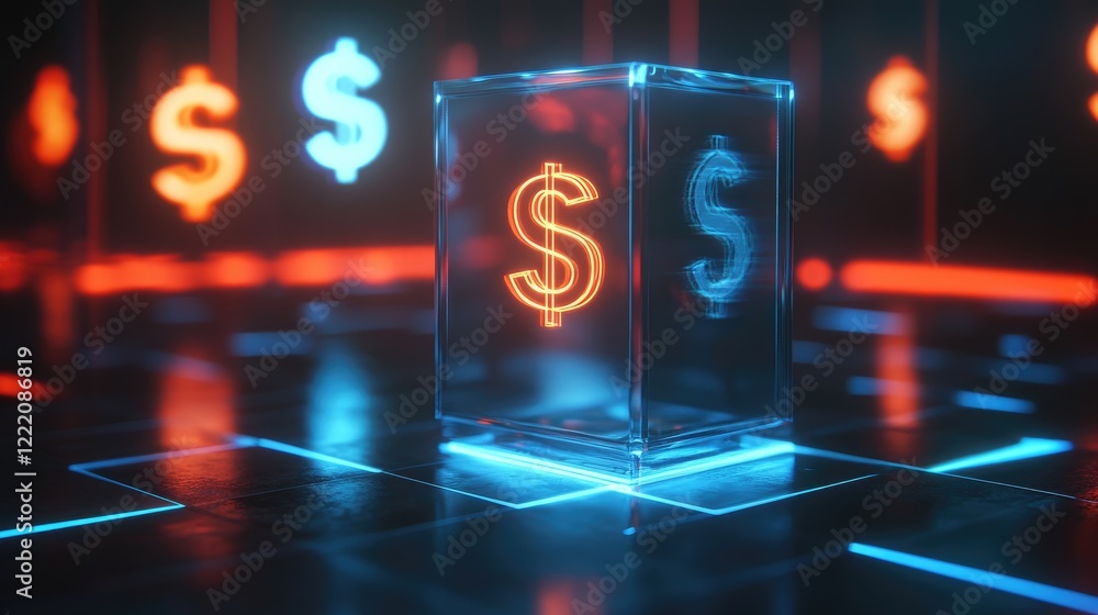 Poster a cubic pedestal with holographic currency symbols glowing above it, illustrating the intersection o