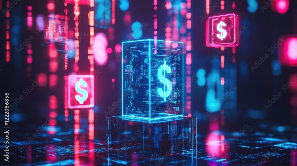 Poster a cubic pedestal with holographic currency symbols glowing above it, illustrating the intersection o