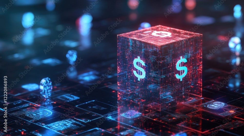 Poster a cubic pedestal with holographic currency symbols glowing above it, illustrating the intersection o