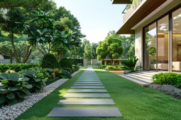 Exterior Design of Villa House and Home Feature Landscape and Green Garden Beside the House