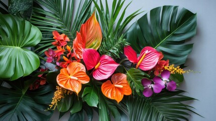 Vibrant Tropical Flower Arrangement with Lush Green Leaves Display