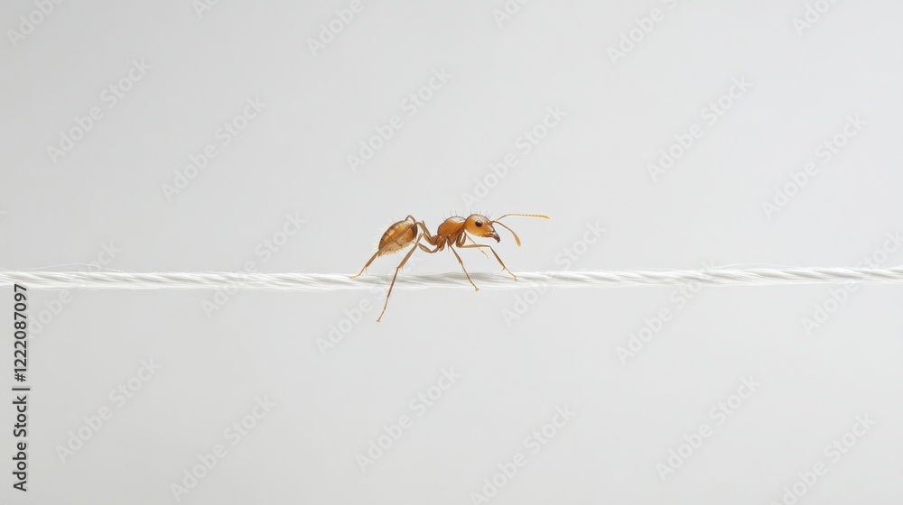 Poster tiny ant walking on thin white string against minimalistic background