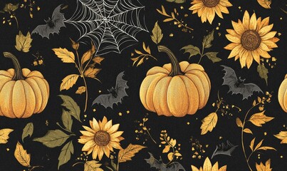 Naklejka premium Seamless Autumn Pattern with Glitter Pumpkins, Bats, Spider Webs, Sunflowers, and Fall Leaves for Halloween and Thanksgiving Decorations, Generative AI