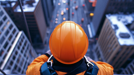 Construction worker wearing a hard hat overlooks the streetscape below from a skyscraper project, emphasizing safety precautions and the challenges faced in high-altitude building work.