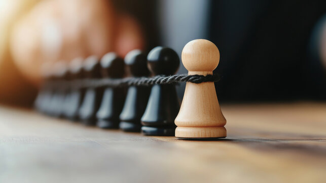 A natural-wood chess pawn stands out among black pawns in a line. Symbolizing individuality, teamwork, and leadership, it is set on a wooden surface under gentle lighting.