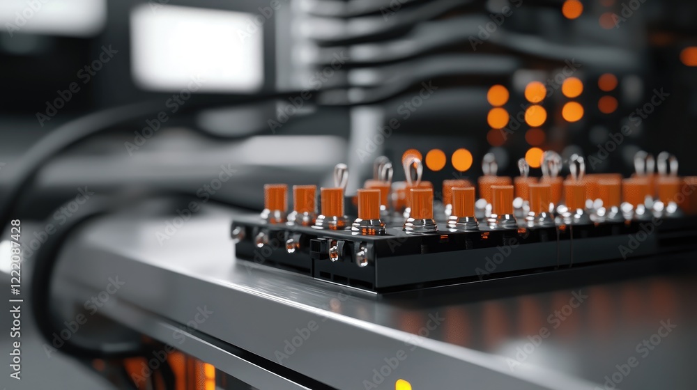 Poster a detailed view of fiber optic connectors on a control box, set in a clean technical workspace, high