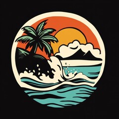 Tropical Sunset Scene with Ocean Waves and Palm Trees Illustration