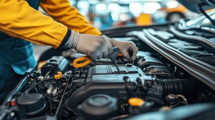 Mechanic repairs car engine in garage (1)