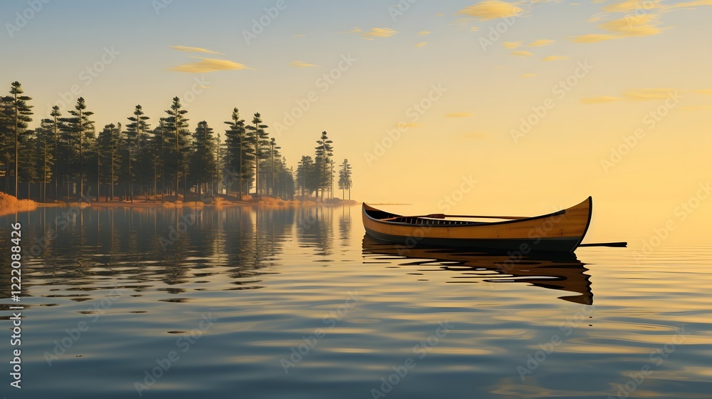 Poster a kevlar canoe gracefully floating on the calm glassy surface of a tranquil lake its reflection mirr