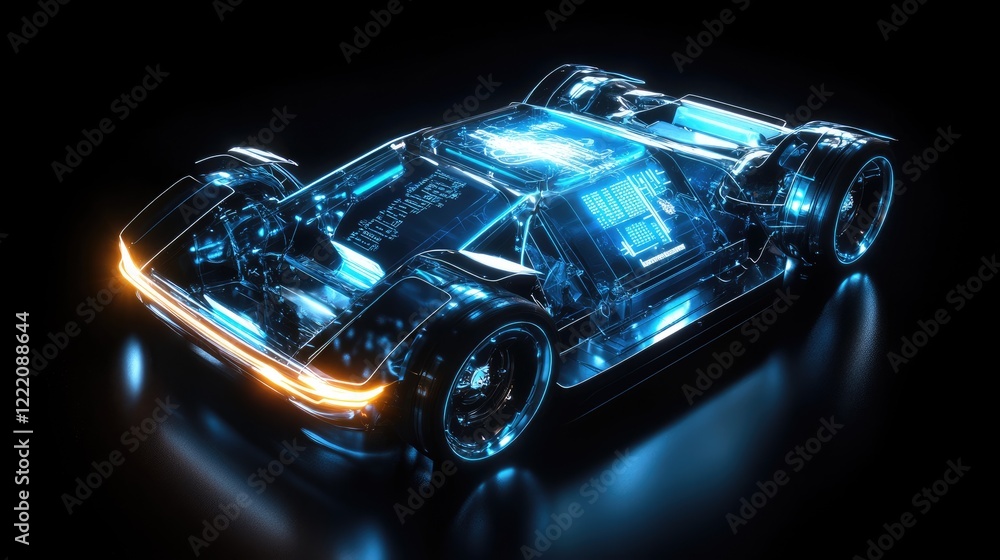 Poster a futuristic electric vehicle with an advanced battery pack, glowing with neon lights and enhanced b
