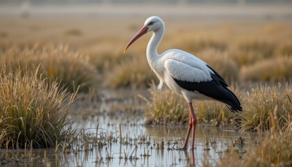 Obraz premium Elegant White Stork Stands in a Wetland at Dawn