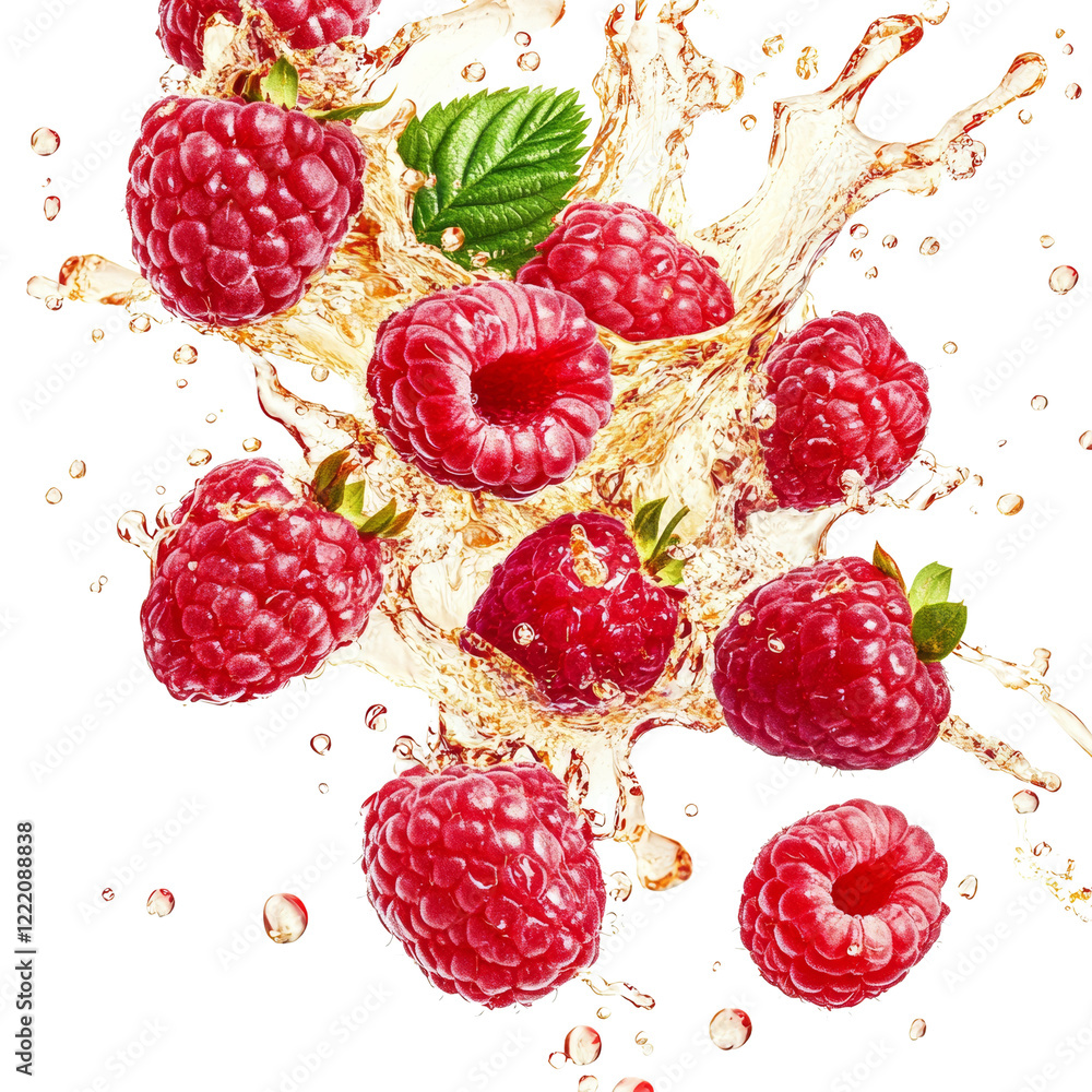 Poster a dynamic image showcasing juicy raspberries suspended in a splash of golden liquid against a black 