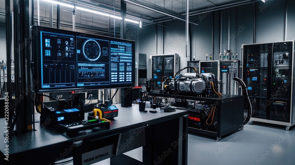 Poster a futuristic lab featuring an electric vehicle powertrain with holographic displays providing real-t