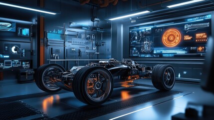 A futuristic lab features an electric vehicle powertrain surrounded by holographic elements that display key performance and diagnostic information in real-time