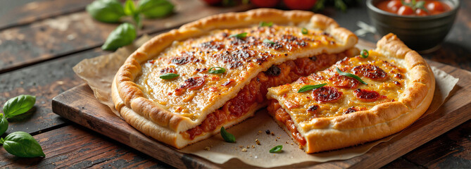 Delicious calzone served on wooden table, culinary delight