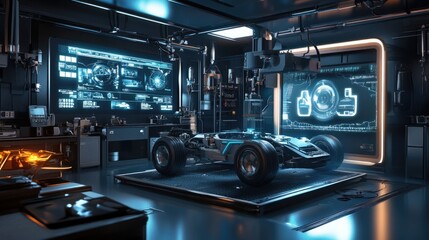 A futuristic lab featuring an electric vehicle powertrain with holographic displays providing real-time diagnostics, performance stats, and system optimization