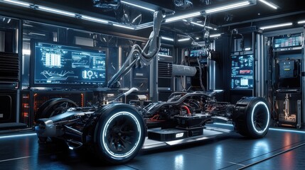 Fototapeta premium A futuristic lab featuring an electric vehicle powertrain with holographic displays providing real-time diagnostics, performance stats, and system optimization