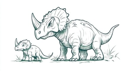 Detailed Illustration of Two Friendly Triceratops in a Natural Setting