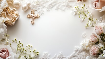 Elegant first communion invitation design with cross and floral lace decorations. Template with cross and flowers. Copy space. For wedding, baptism