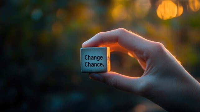 A hand flipping a cube with the word "Change" turning into "Chance," symbolizing personal development and the courage to embrace new opportunities