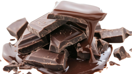 A close-up image of dark chocolate pieces with melted chocolate pouring over them, highlighting the texture and richness of the confectionery.