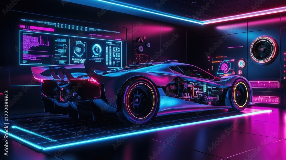 Poster a high-tech display showing a 3d model of a sport car energy system, with advanced data and energy e