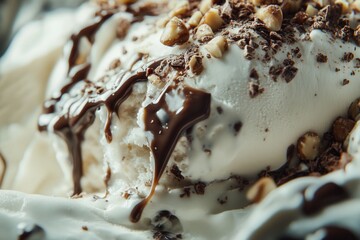 Low angle, focus on the ice cream with melted topping. Blurred background, Side lighting to highlight the texture of the ice cream, Chocolate and vanilla ice cream, sprinkled with nuts