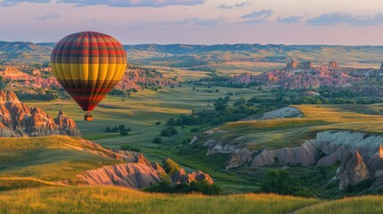 Obraz premium A hot air balloon flying high at the Chambley Balloon Festival, with the colorful landscape below and a festival atmosphere in the air