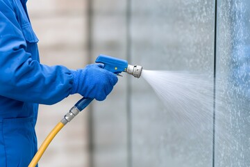 Person spraying water on a wall for cleaning refreshing or artistic purposes in an outdoor environment