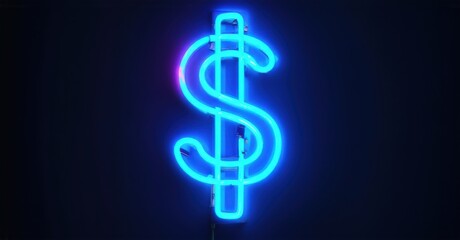 Obraz premium Glowing neon sign in the shape of a dollar symbol, flickering with energy. Vivid illumination against dark background, financial concept, futuristic electric glow