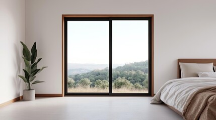 Obraz premium Indoor air quality minimalist idea. A serene bedroom with a view of nature through a large window, promoting tranquility.
