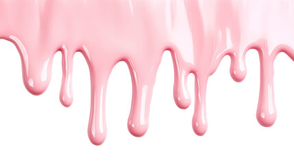 The image shows pink liquid dripping downwards against a black background showcasing its glossy texture and flow.