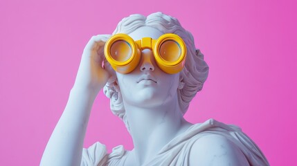A marble sculpture of a Greek goddess holding bright yellow binoculars, set against a dynamic pink backdrop, blending classical beauty with quirky modern design