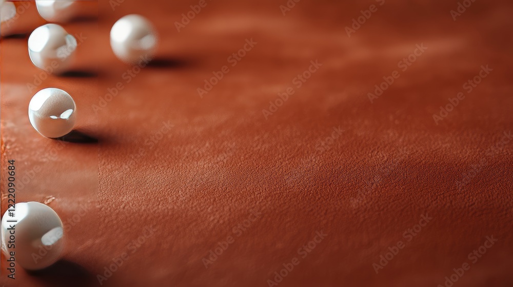 Fototapete a minimalist and elegant scene with white pearls arranged on a reddish-brown leather surface, in sof